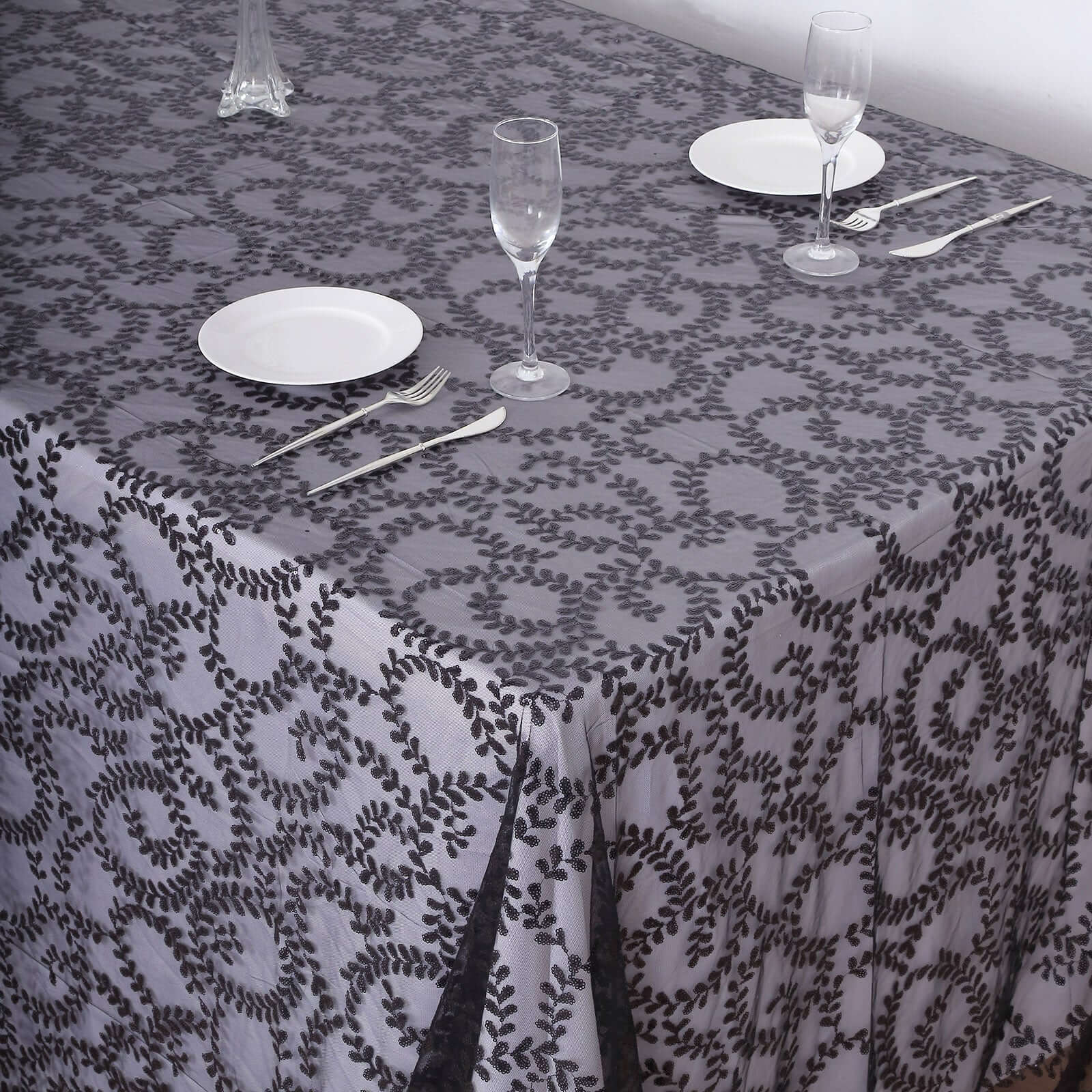 Tulle 90"x156" Rectangle Tablecloth Black - Sequin Leaf Embroidered Table Cover - Bell Racket Store