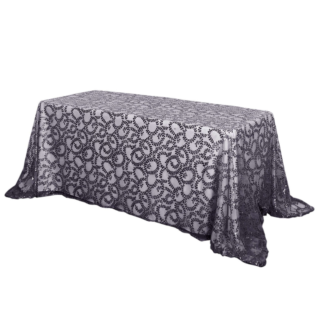 Tulle 90"x156" Rectangle Tablecloth Black - Sequin Leaf Embroidered Table Cover - Bell Racket Store