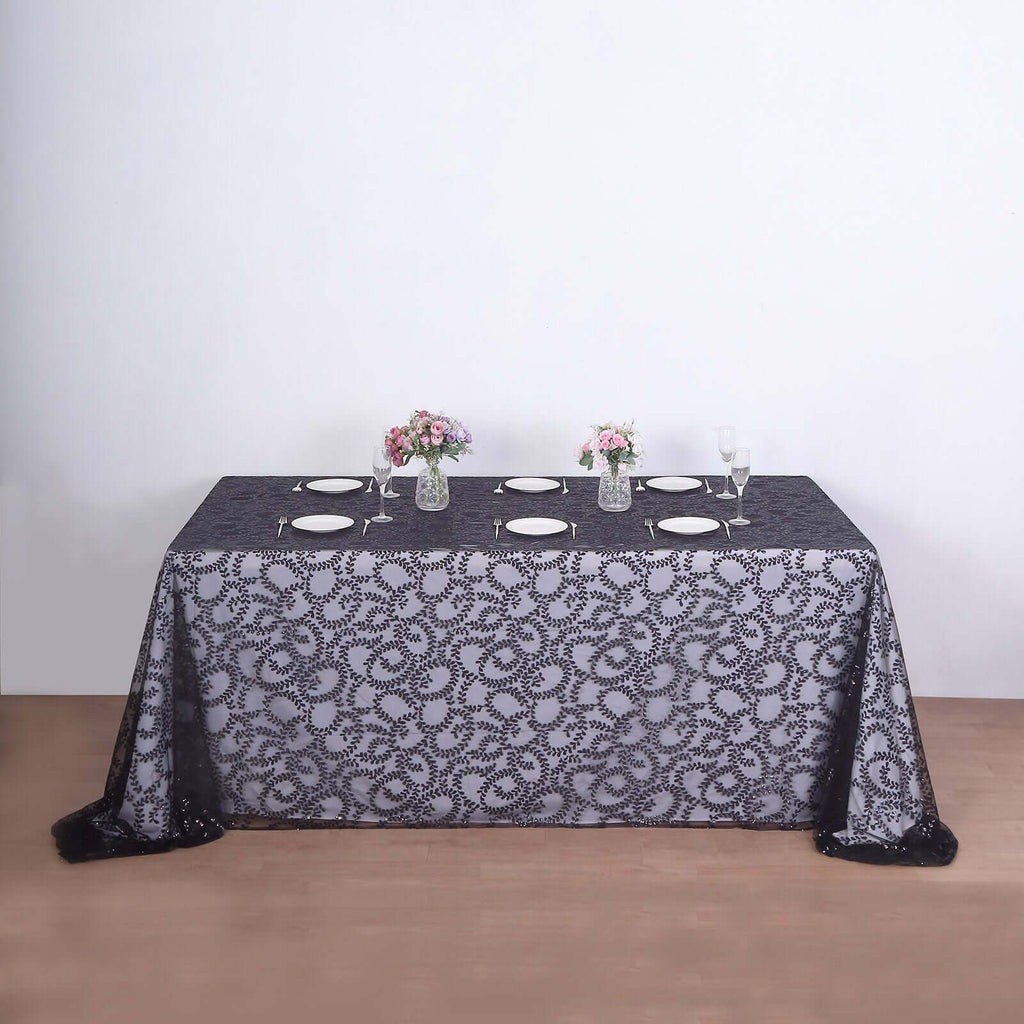 Tulle 90"x156" Rectangle Tablecloth Black - Sequin Leaf Embroidered Table Cover - Bell Racket Store