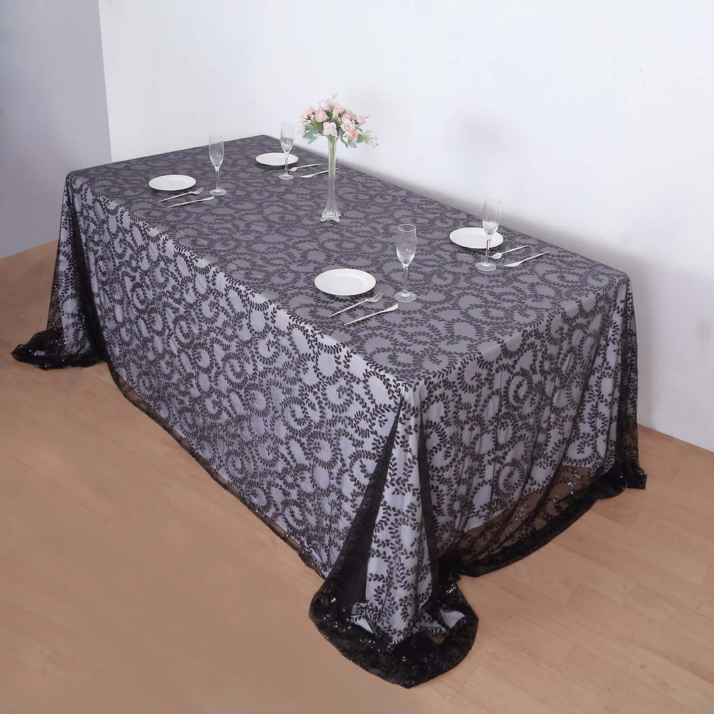 Tulle 90"x156" Rectangle Tablecloth Black - Sequin Leaf Embroidered Table Cover - Bell Racket Store