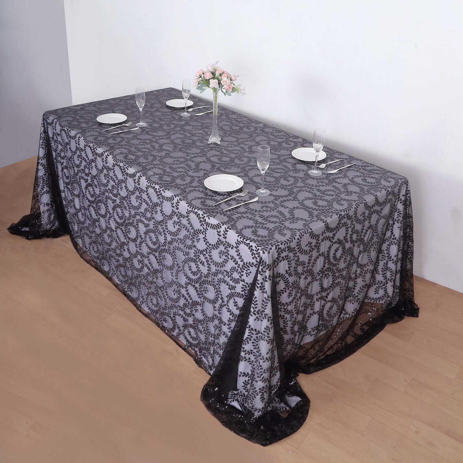 Tulle 90"x156" Rectangle Tablecloth Black - Sequin Leaf Embroidered Table Cover - Bell Racket Store