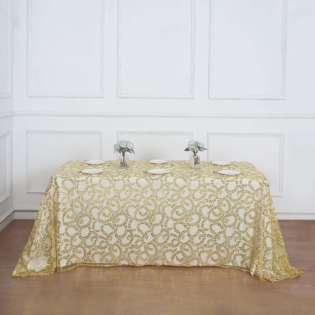 Tulle 90"x156" Rectangle Tablecloth Gold - Sequin Leaf Embroidered Design for Luxe Celebrations - Bell Racket Store