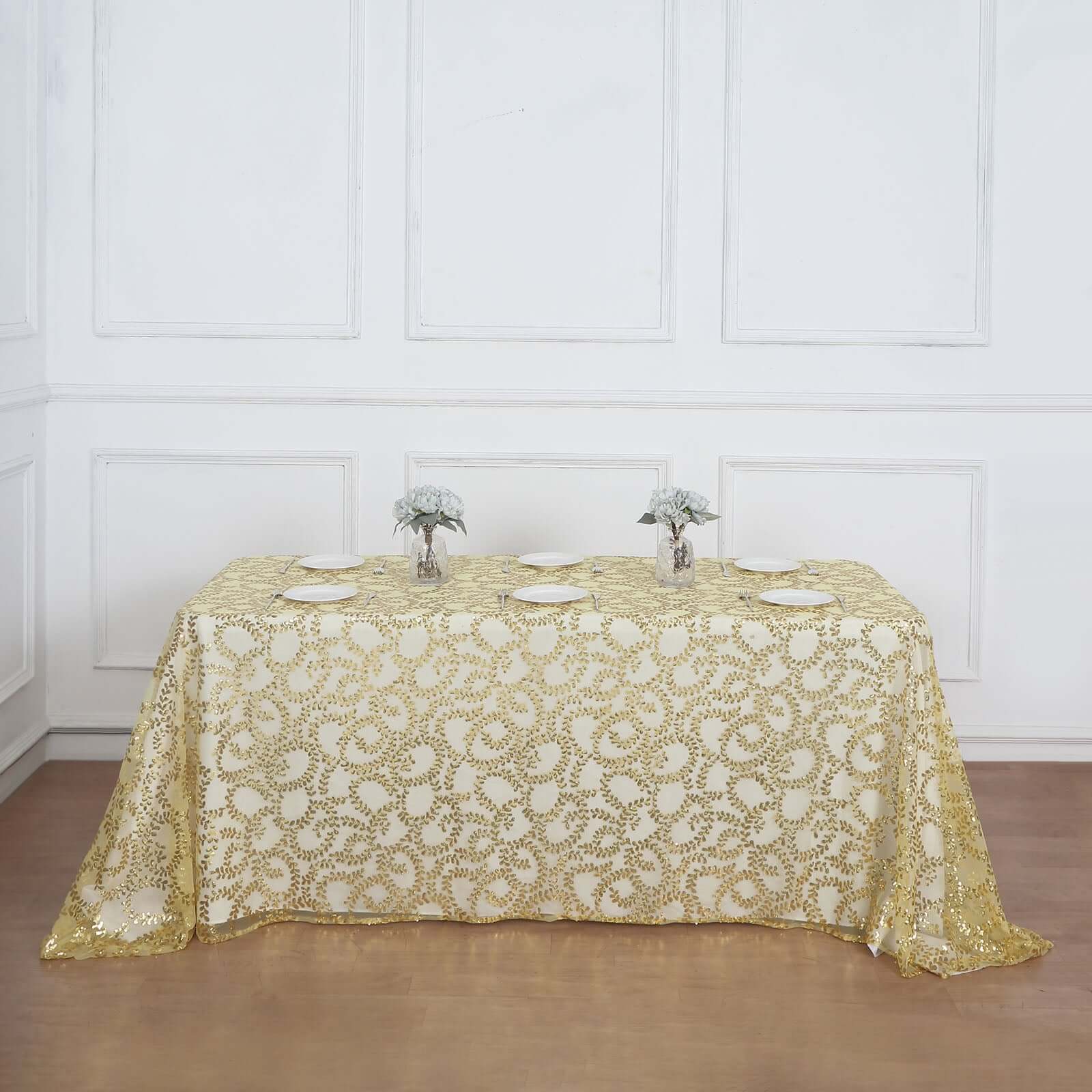 Tulle 90"x156" Rectangle Tablecloth Gold - Sequin Leaf Embroidered Design for Luxe Celebrations - Bell Racket Store