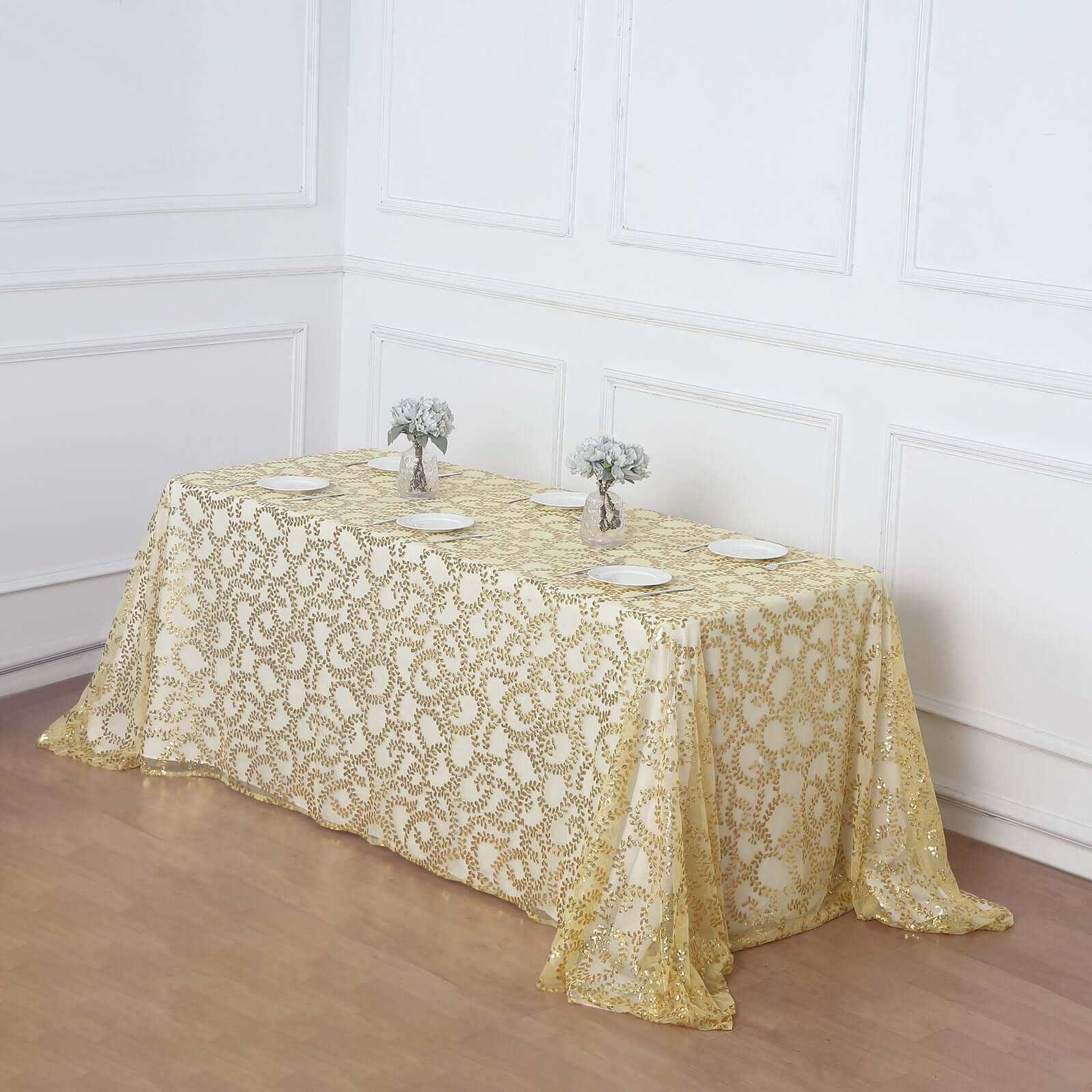 Tulle 90"x156" Rectangle Tablecloth Gold - Sequin Leaf Embroidered Design for Luxe Celebrations - Bell Racket Store