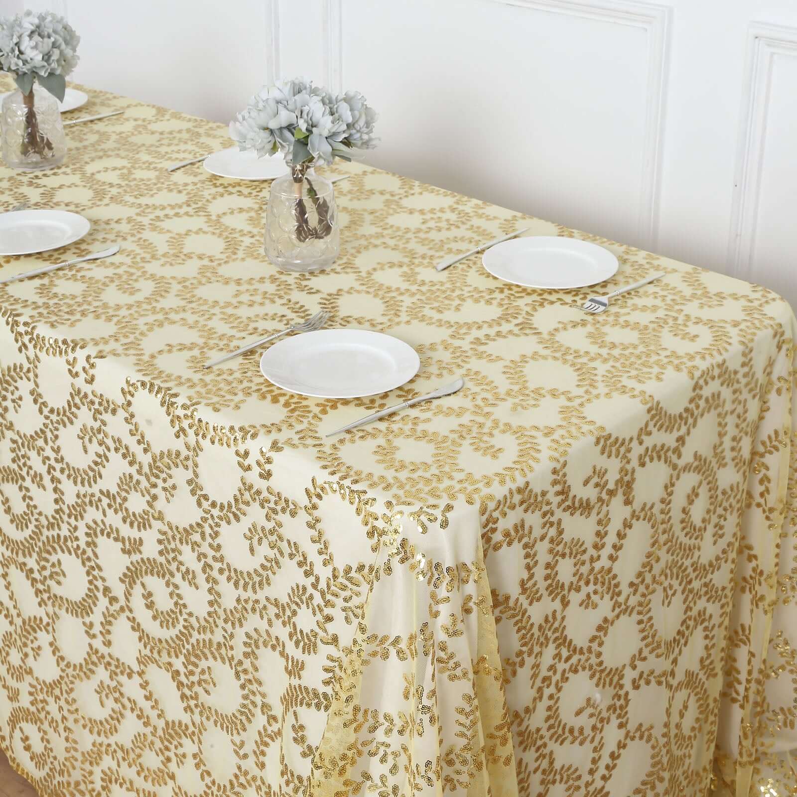 Tulle 90"x156" Rectangle Tablecloth Gold - Sequin Leaf Embroidered Design for Luxe Celebrations - Bell Racket Store