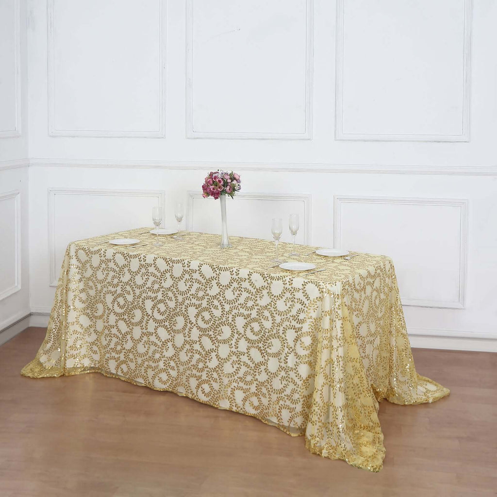 Tulle 90"x156" Rectangle Tablecloth Gold - Sequin Leaf Embroidered Design for Luxe Celebrations - Bell Racket Store