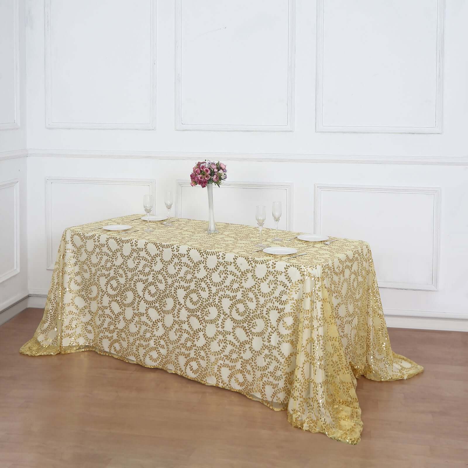 Tulle 90"x156" Rectangle Tablecloth Gold - Sequin Leaf Embroidered Design for Luxe Celebrations - Bell Racket Store