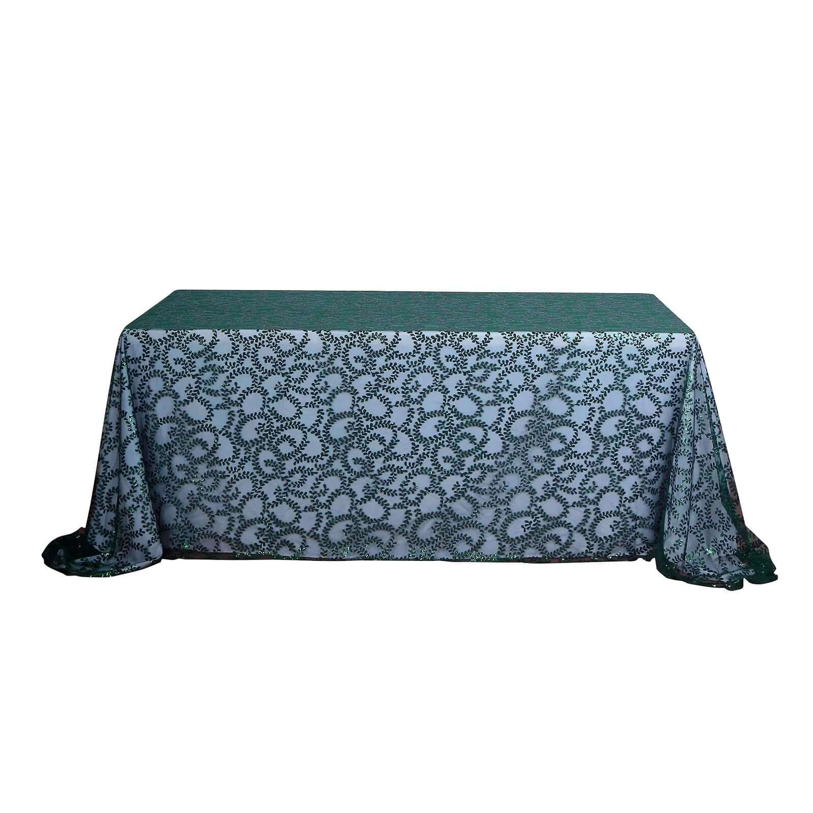 Tulle 90"x156" Rectangle Tablecloth Hunter Emerald Green - Sequin Leaf Embroidered Table Cover - Bell Racket Store
