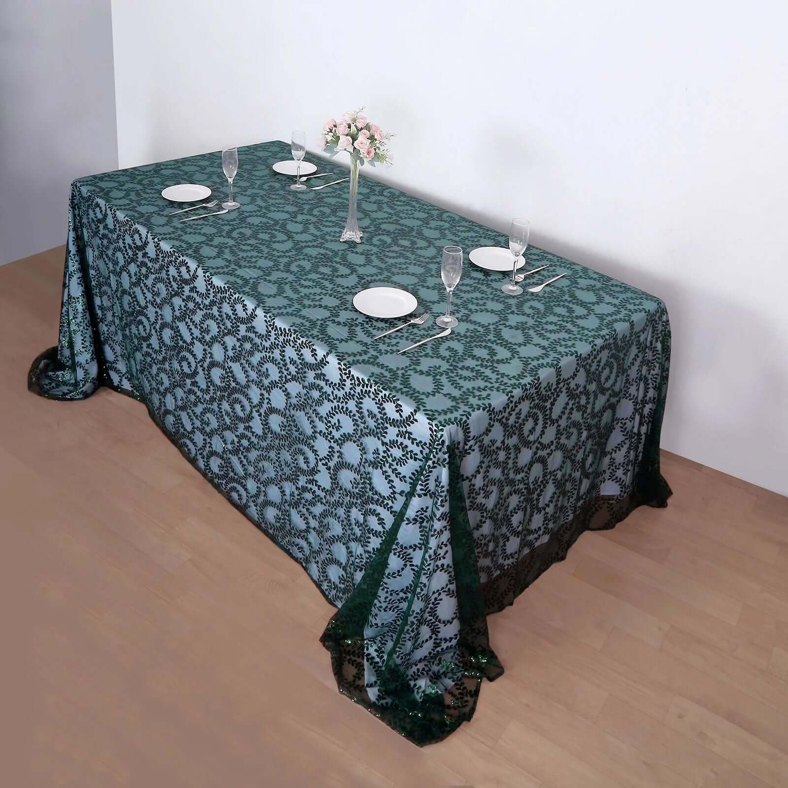 Tulle 90"x156" Rectangle Tablecloth Hunter Emerald Green - Sequin Leaf Embroidered Table Cover - Bell Racket Store