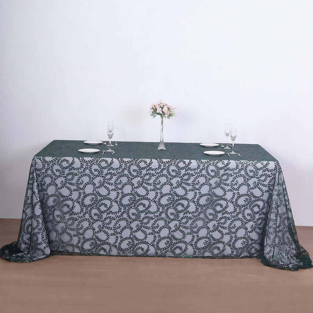 Tulle 90"x156" Rectangle Tablecloth Hunter Emerald Green - Sequin Leaf Embroidered Table Cover - Bell Racket Store