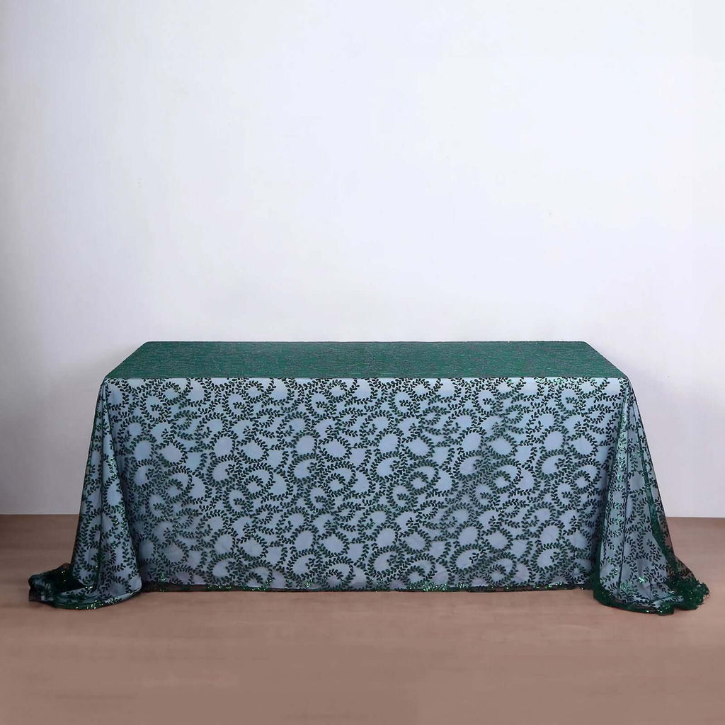 Tulle 90"x156" Rectangle Tablecloth Hunter Emerald Green - Sequin Leaf Embroidered Table Cover - Bell Racket Store