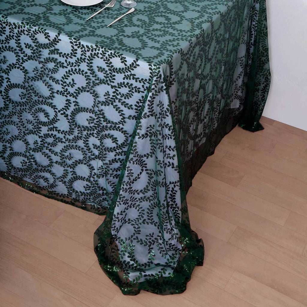 Tulle 90"x156" Rectangle Tablecloth Hunter Emerald Green - Sequin Leaf Embroidered Table Cover - Bell Racket Store