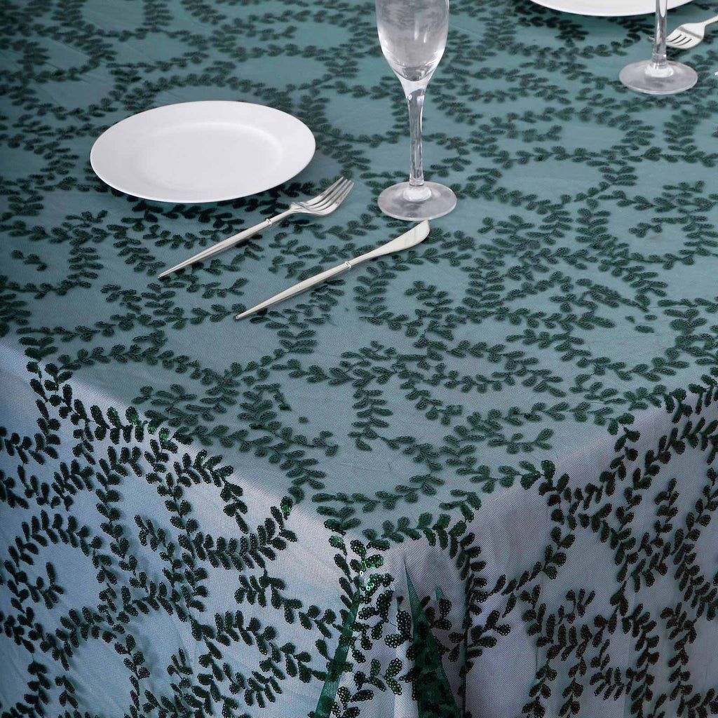 Tulle 90"x156" Rectangle Tablecloth Hunter Emerald Green - Sequin Leaf Embroidered Table Cover - Bell Racket Store