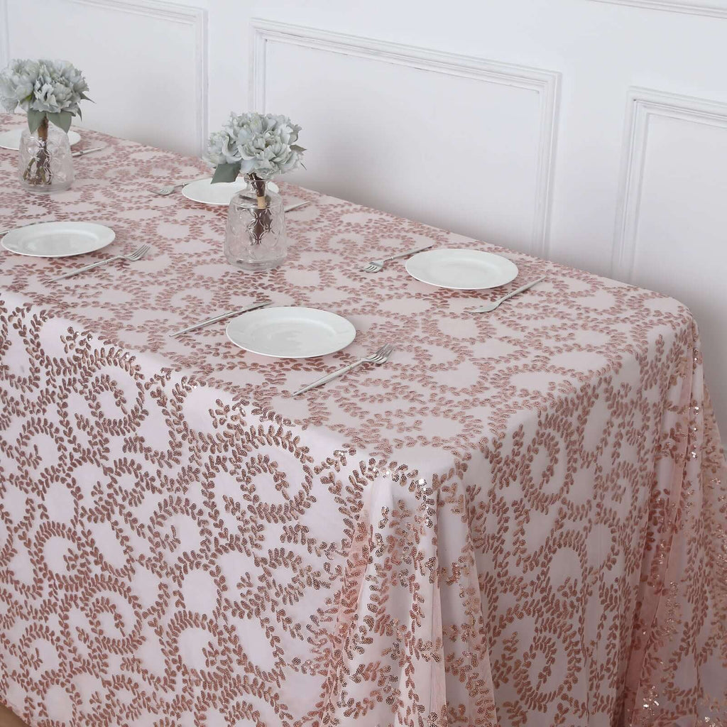 Tulle 90"x156" Rectangle Tablecloth Rose Gold - Sequin Leaf Embroidered Table Cover - Bell Racket Store