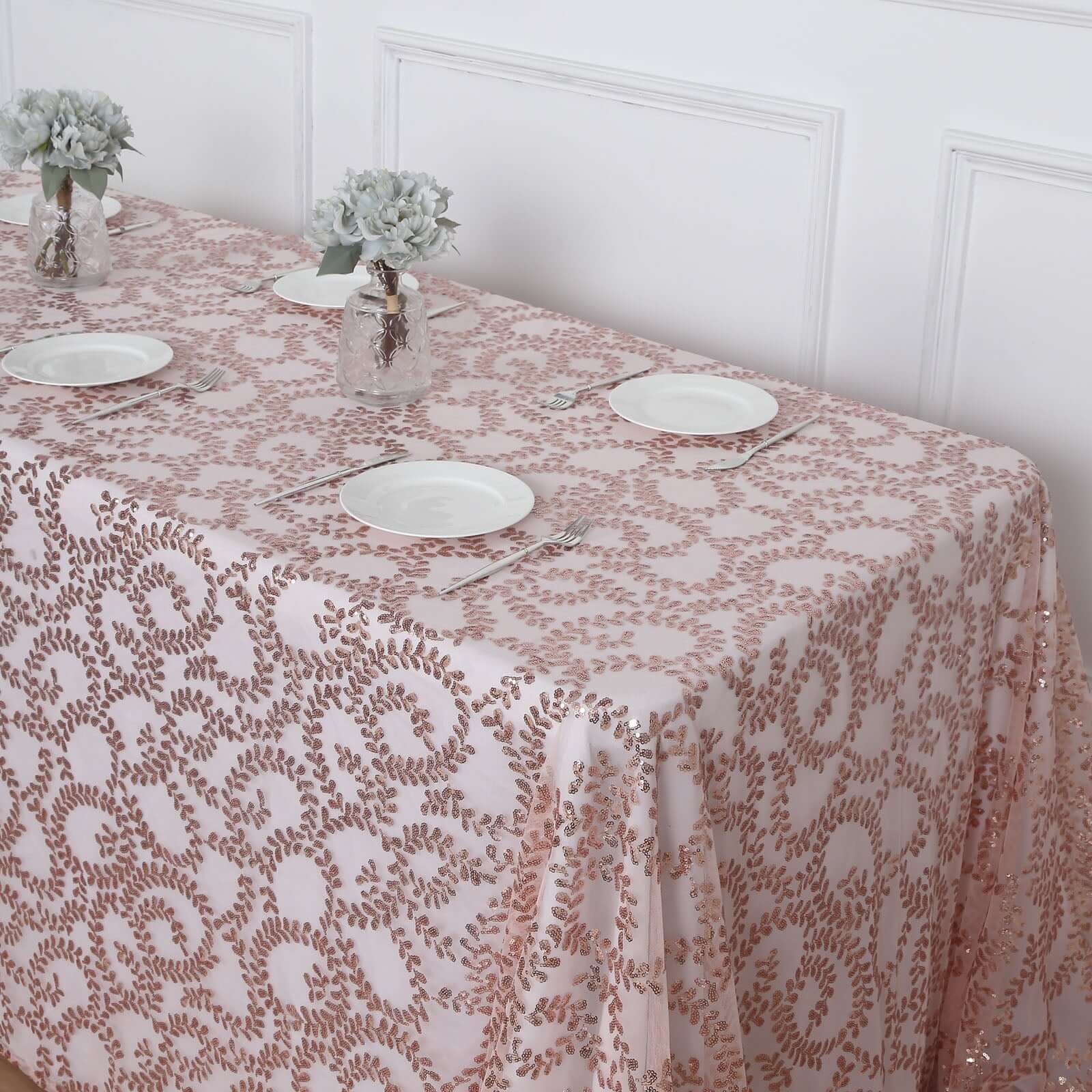 Tulle 90"x156" Rectangle Tablecloth Rose Gold - Sequin Leaf Embroidered Table Cover - Bell Racket Store