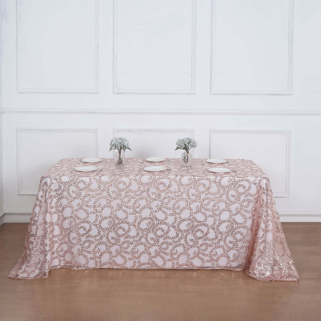 Tulle 90"x156" Rectangle Tablecloth Rose Gold - Sequin Leaf Embroidered Table Cover - Bell Racket Store