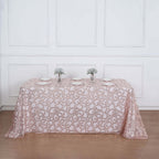 Tulle 90"x156" Rectangle Tablecloth Rose Gold - Sequin Leaf Embroidered Table Cover - Bell Racket Store