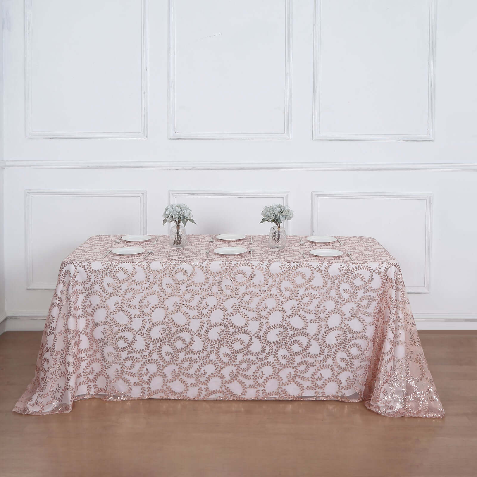 Tulle 90"x156" Rectangle Tablecloth Rose Gold - Sequin Leaf Embroidered Table Cover - Bell Racket Store