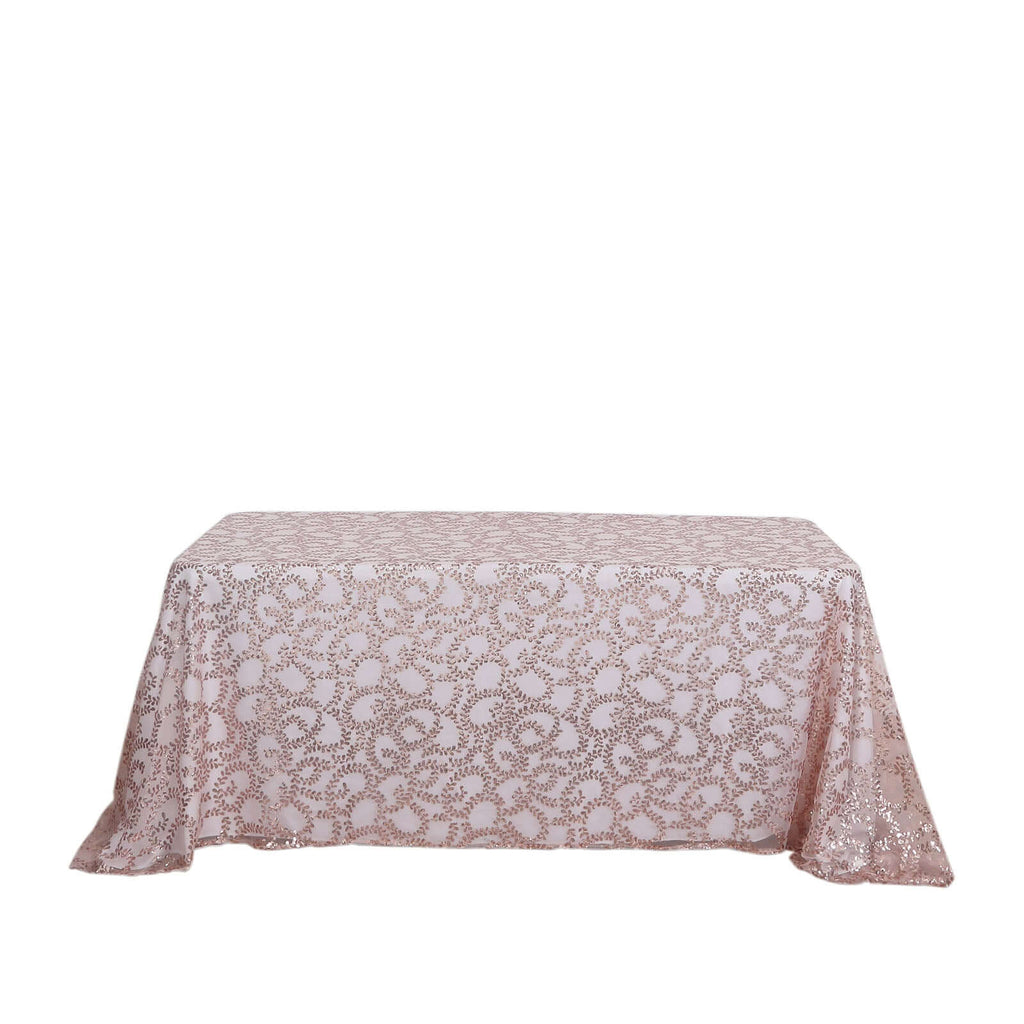 Tulle 90"x156" Rectangle Tablecloth Rose Gold - Sequin Leaf Embroidered Table Cover - Bell Racket Store