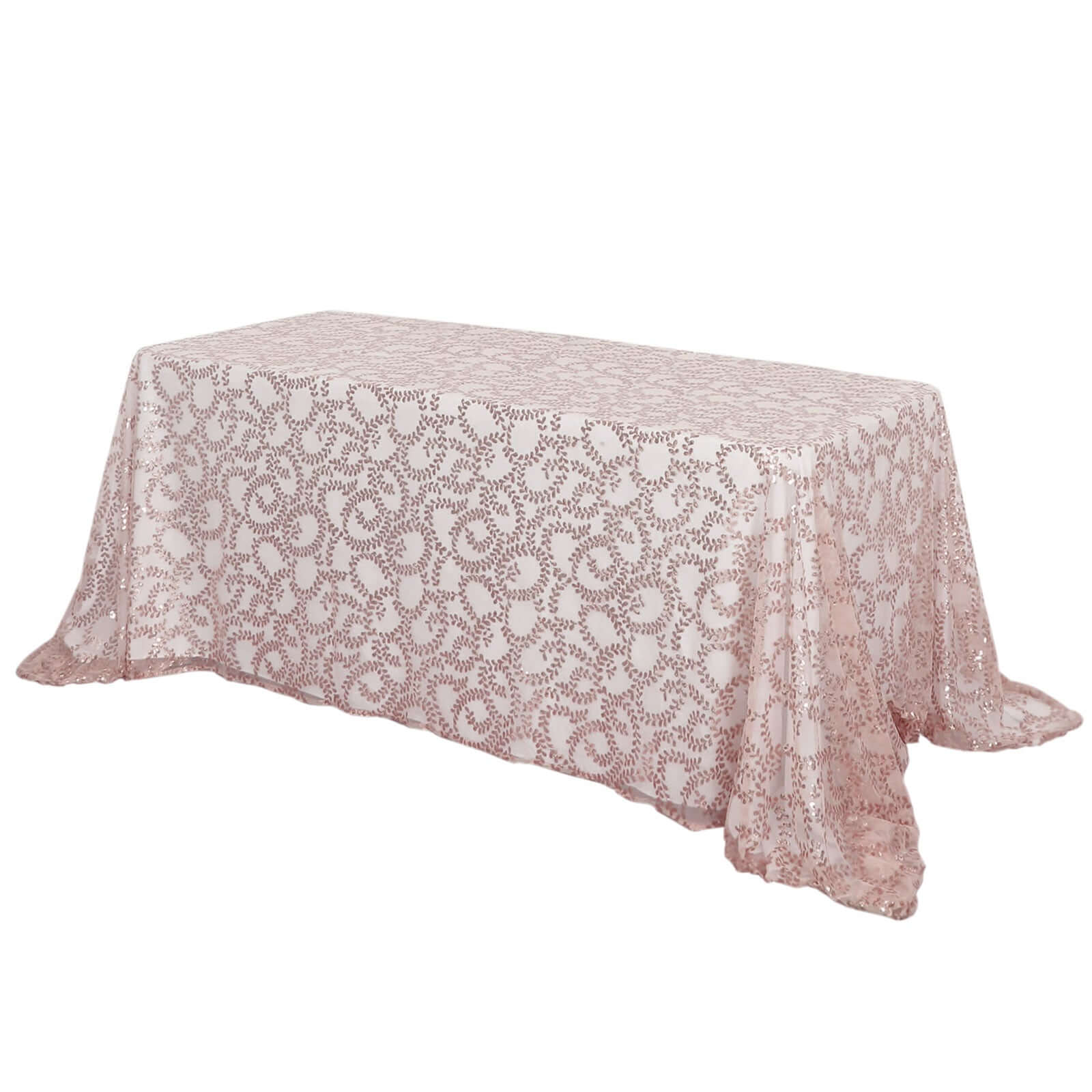 Tulle 90"x156" Rectangle Tablecloth Rose Gold - Sequin Leaf Embroidered Table Cover - Bell Racket Store