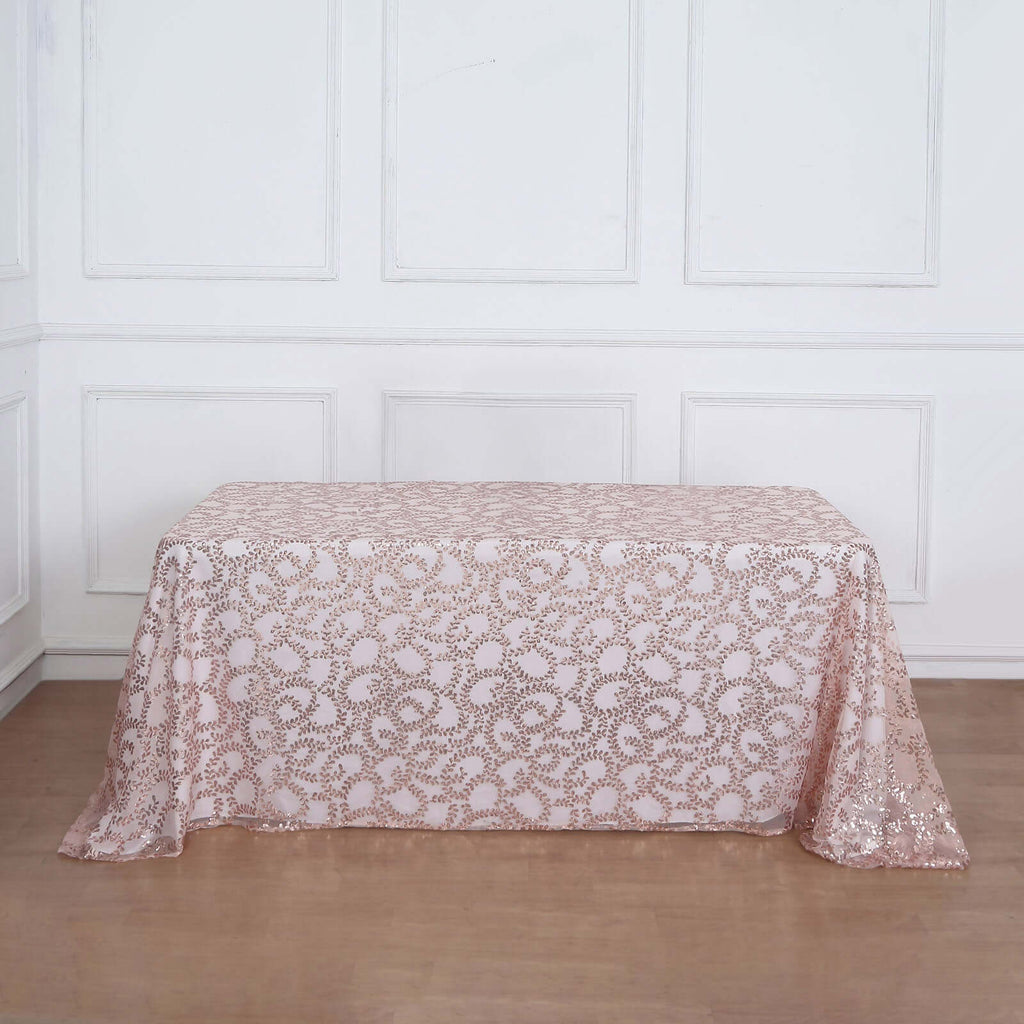 Tulle 90"x156" Rectangle Tablecloth Rose Gold - Sequin Leaf Embroidered Table Cover - Bell Racket Store