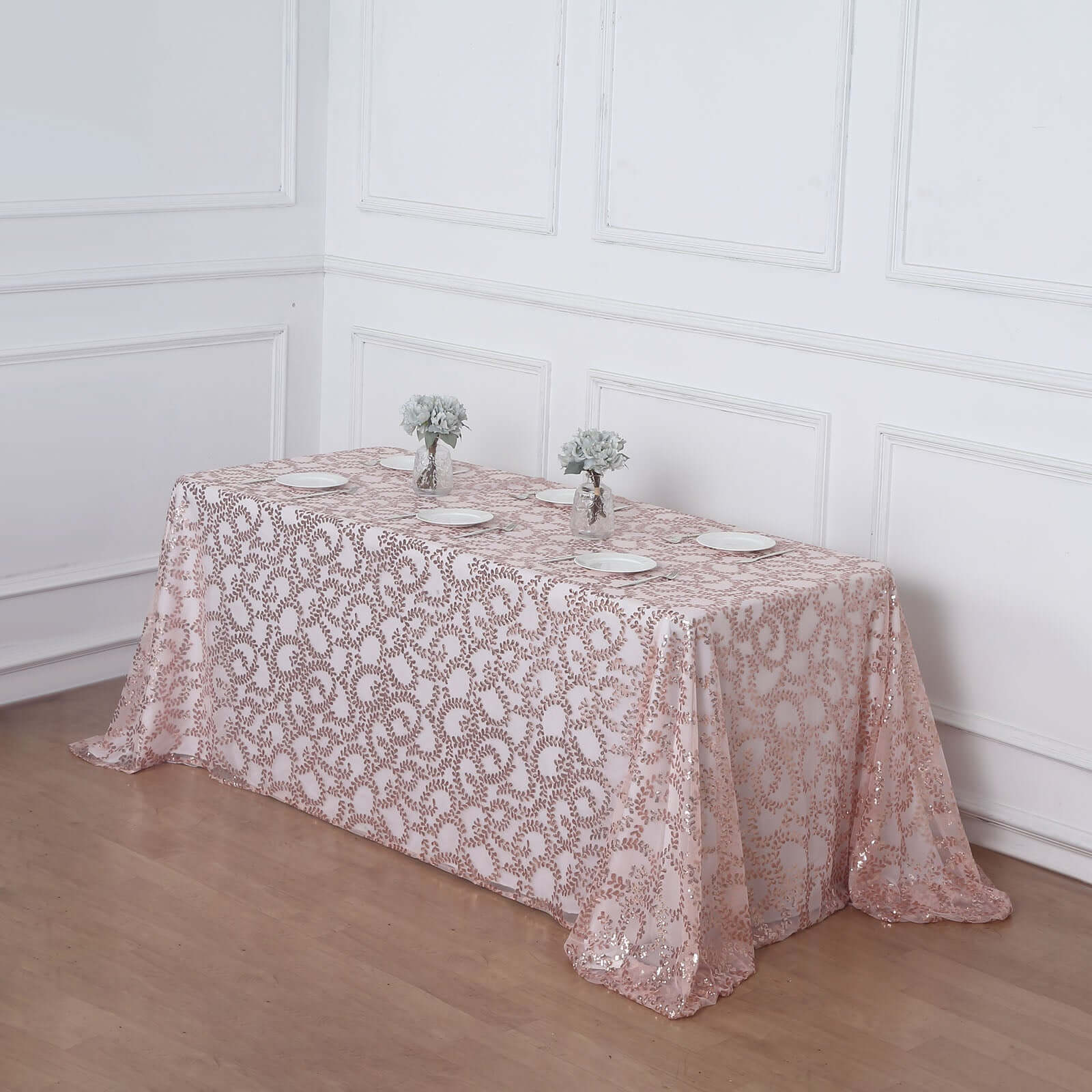 Tulle 90"x156" Rectangle Tablecloth Rose Gold - Sequin Leaf Embroidered Table Cover - Bell Racket Store