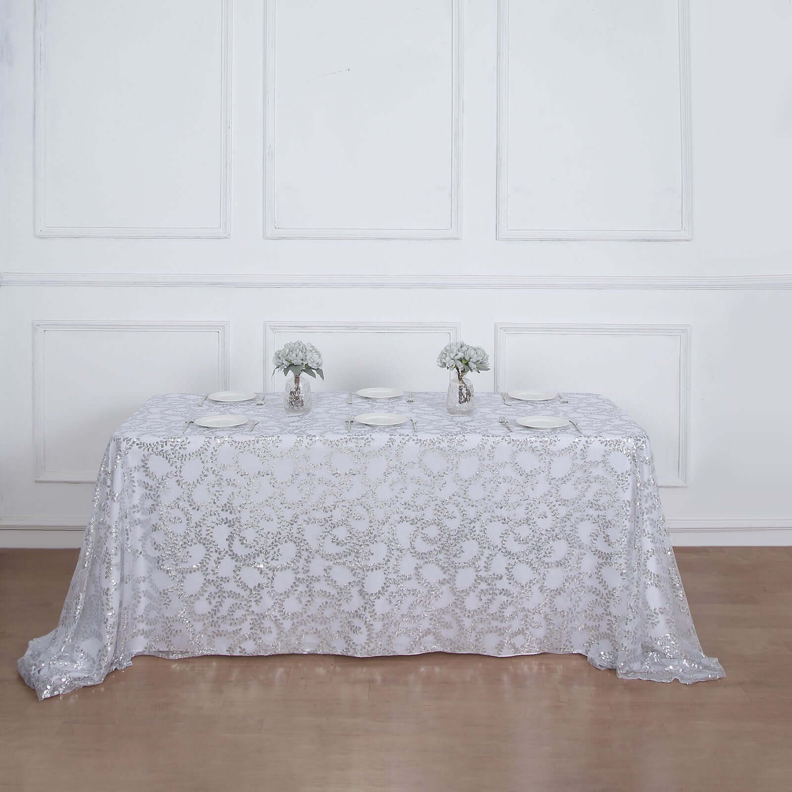 Tulle 90"x156" Rectangle Tablecloth Silver - Sequin Leaf Embroidered Table Cover - Bell Racket Store