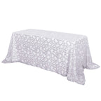 Tulle 90"x156" Rectangle Tablecloth Silver - Sequin Leaf Embroidered Table Cover - Bell Racket Store