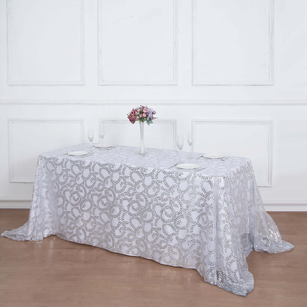 Tulle 90"x156" Rectangle Tablecloth Silver - Sequin Leaf Embroidered Table Cover - Bell Racket Store