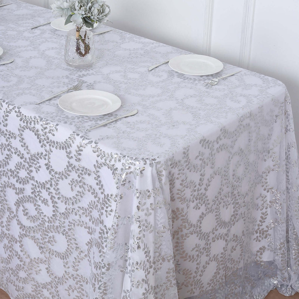 Tulle 90"x156" Rectangle Tablecloth Silver - Sequin Leaf Embroidered Table Cover - Bell Racket Store
