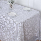 Tulle 90"x156" Rectangle Tablecloth Silver - Sequin Leaf Embroidered Table Cover - Bell Racket Store