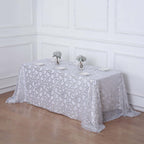 Tulle 90"x156" Rectangle Tablecloth Silver - Sequin Leaf Embroidered Table Cover - Bell Racket Store