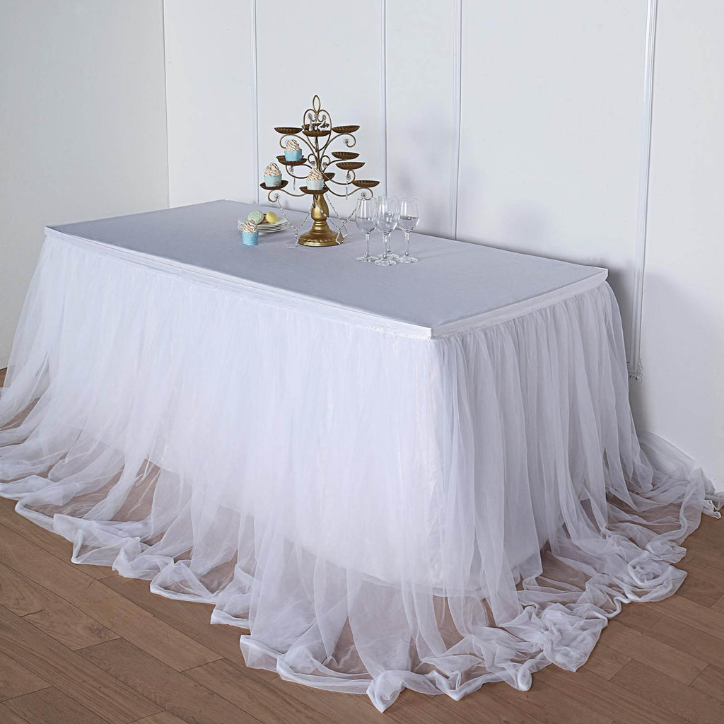 Extra Long Tulle 21ft Table Skirt White with Satin Edge - Table Cover for Baby Showers & Events