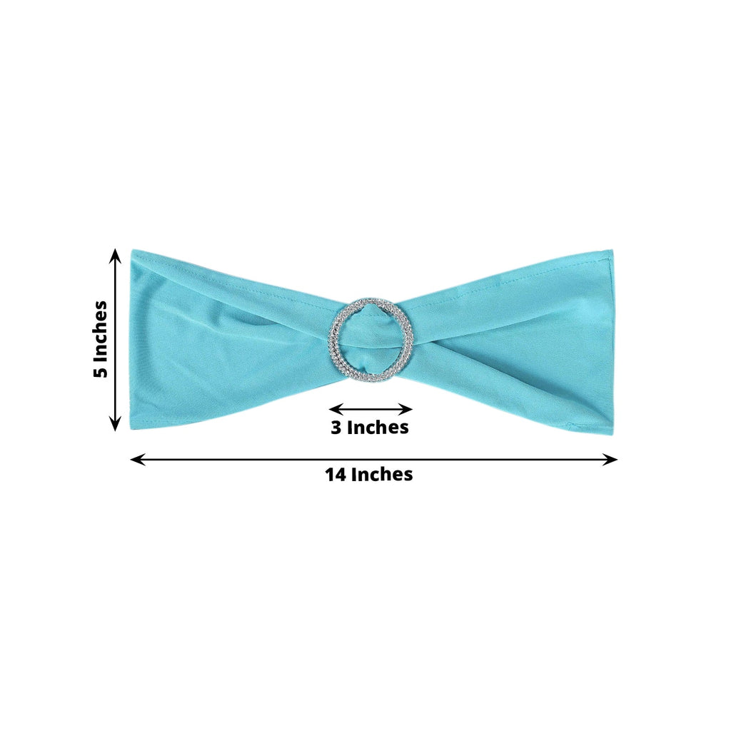 5 Pack Stretch Spandex Chair Sashes Turquoise - Reusable Chair Bands with Silver Diamond Ring Slide Buckle 5"x14"