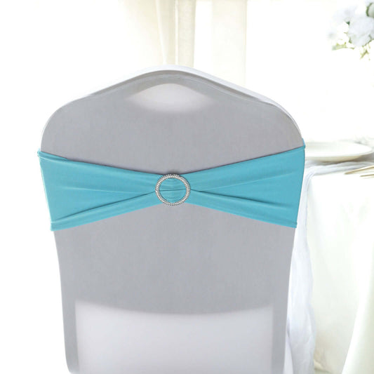 5 Pack Stretch Spandex Chair Sashes Turquoise - Reusable Chair Bands with Silver Diamond Ring Slide Buckle 5"x14"