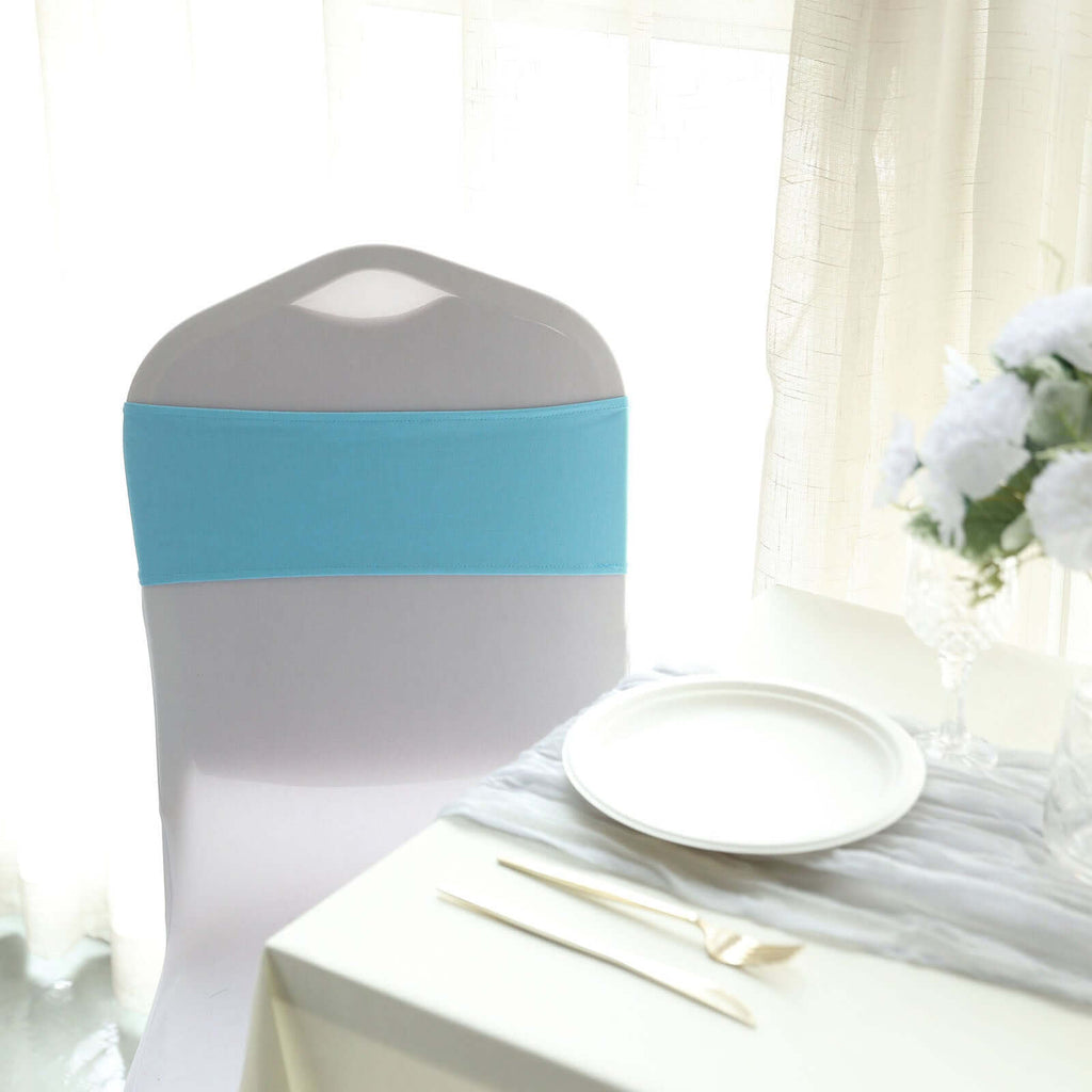 5 Pack Stretch Spandex Chair Sashes Turquoise - Reusable Chair Bands with Silver Diamond Ring Slide Buckle 5"x14"