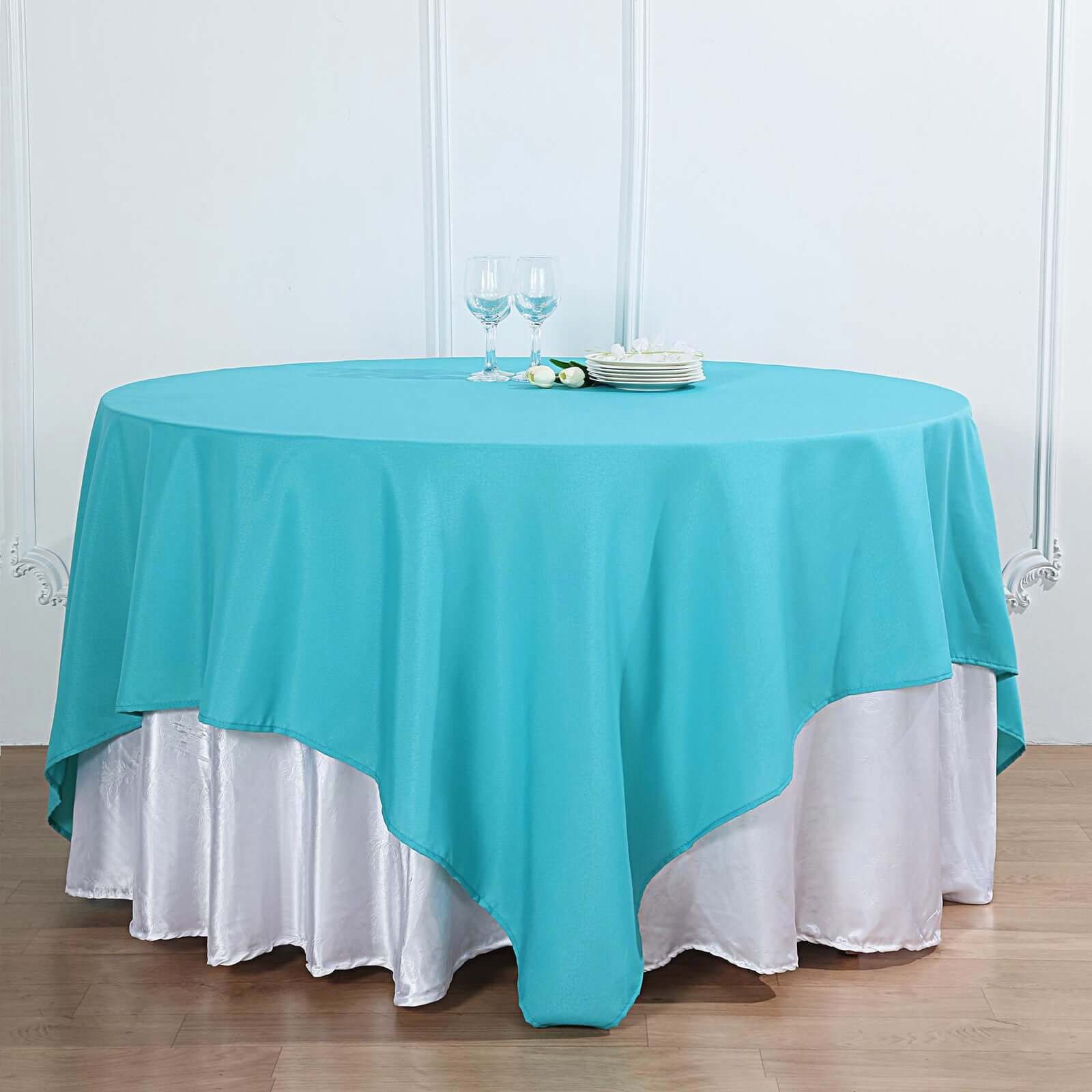 Polyester 90"x90" Table Overlay Square Tablecloth Turquoise - Wrinkle-Resistant & Durable Table Cover