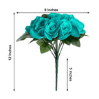 12" Turquoise Artificial Velvet-Like Fabric Rose Flower Bouquet Bush