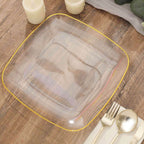 10-Pack Plastic 10" Square Dinner Plates in Clear with Gold Rim - Classy Disposable Lunch Party Plates