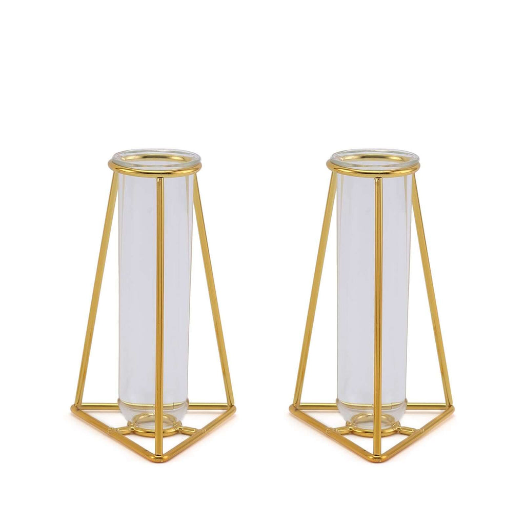 2-Pack Mini Wedding Centerpieces Gold Metal Frame Triangular Geometric Design - Test Tube Bud Vases 6"