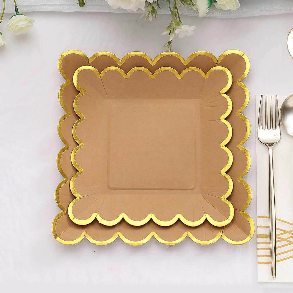 25-Pack Paper 7" Square Dessert Plates in Natural Brown with Gold Scalloped Rim - Disposable Salad Appetizer Party Plates for Stylish Outdoor Events & Boho Celebrations