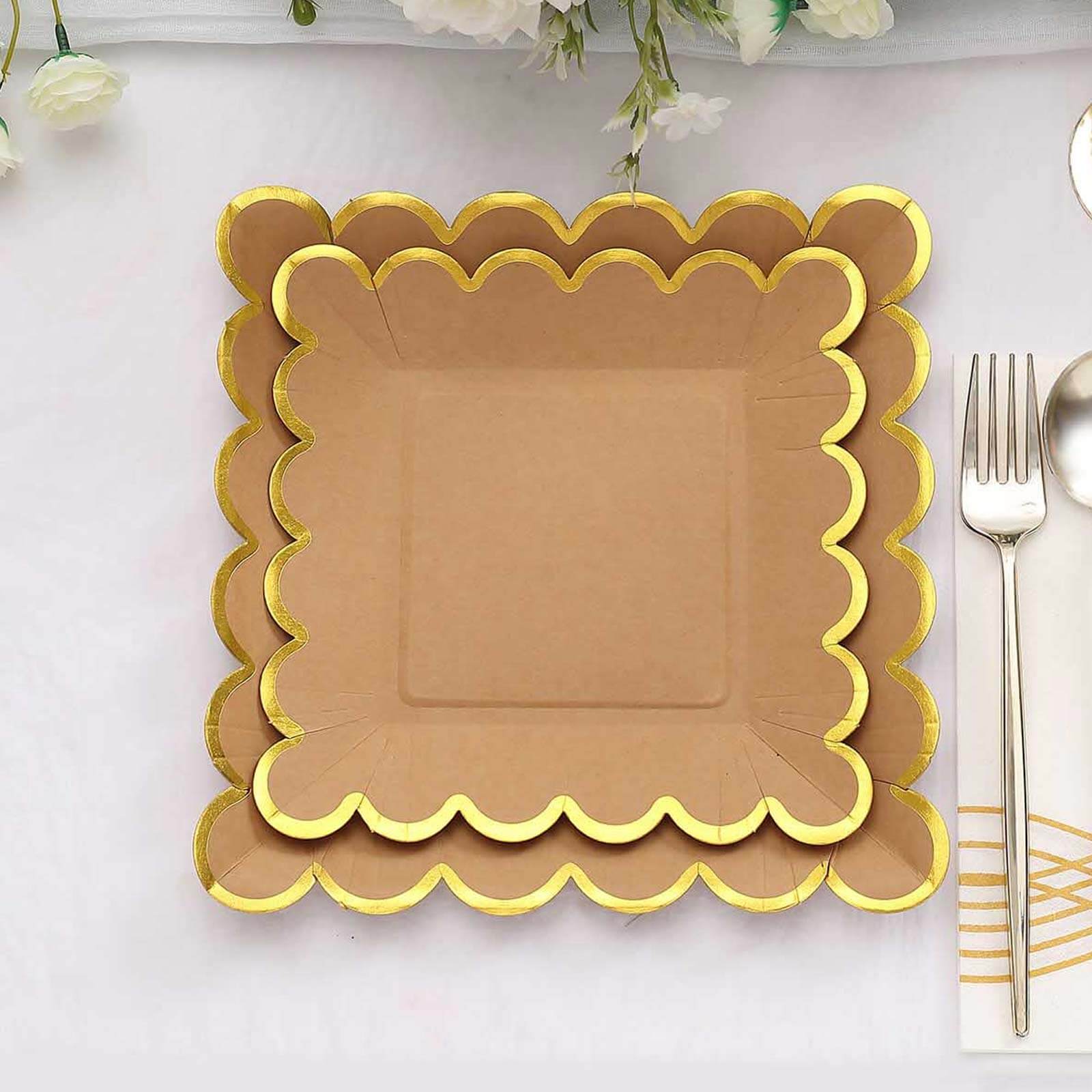 25-Pack Paper 7" Square Dessert Plates in Natural Brown with Gold Scalloped Rim - Disposable Salad Appetizer Party Plates for Stylish Outdoor Events & Boho Celebrations
