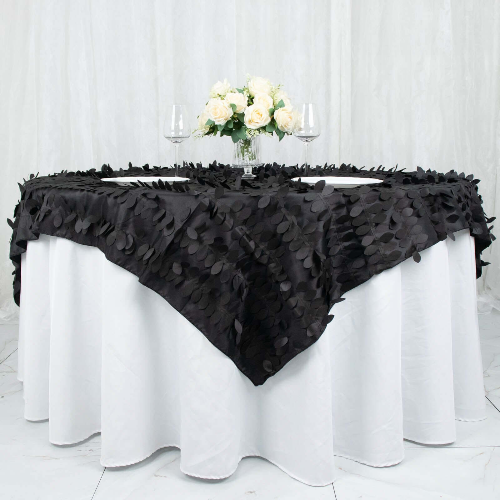 Taffeta 72"x72" Table Overlay Square Tablecloth Black - 3D Leaf Petal Table Cover