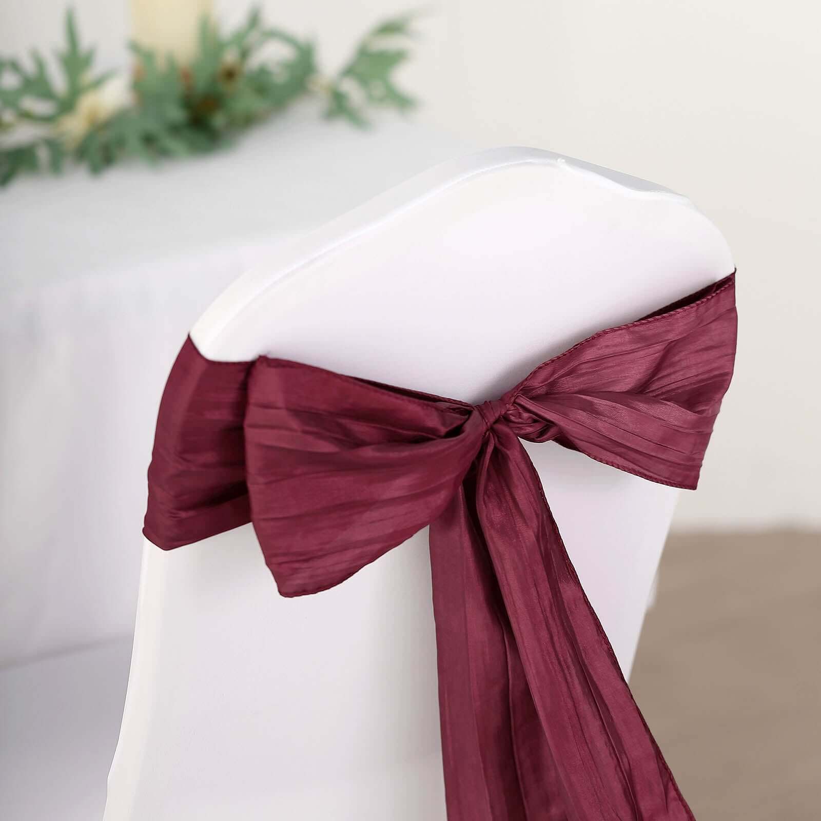 5 Pack Taffeta 6"x106" Chair Sashes Burgundy Accordion Crinkle Texture - Stylish Decor for Weddings & Gatherings