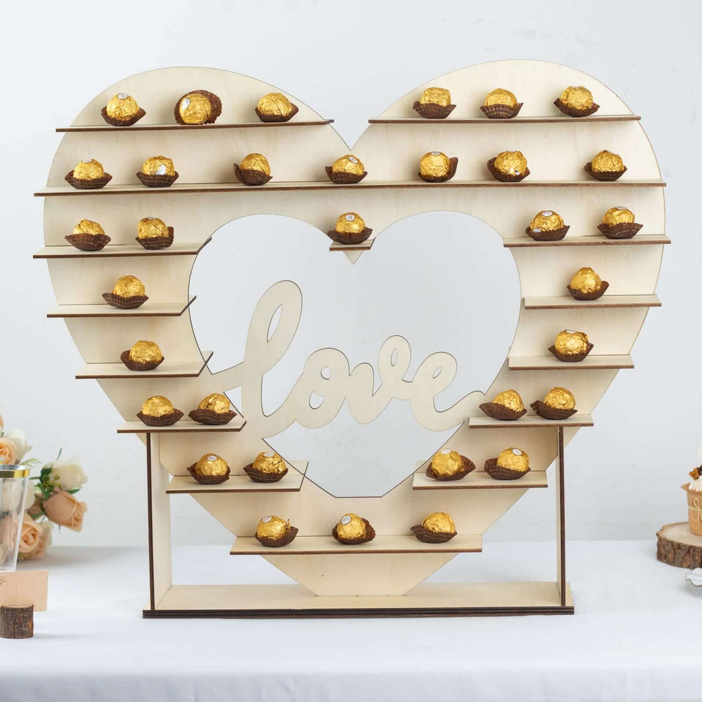 8-Layer Wooden Dessert Display Stand Heart Shaped Double Sided Design Natural - "Love" Cupcake Shelf Table Rack 26"