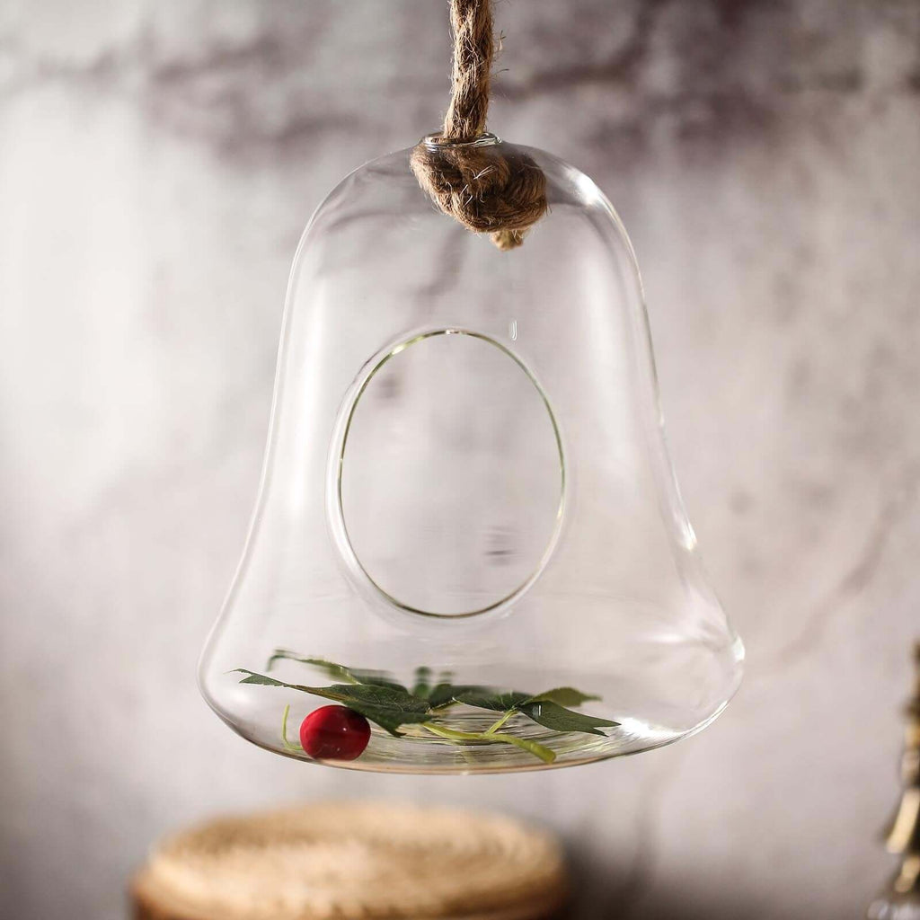 Glass Terrarium Hanging Bell Shaped Design with Twine Rope - Unique Free-Falling Planter for Air Plants & Displays 9"