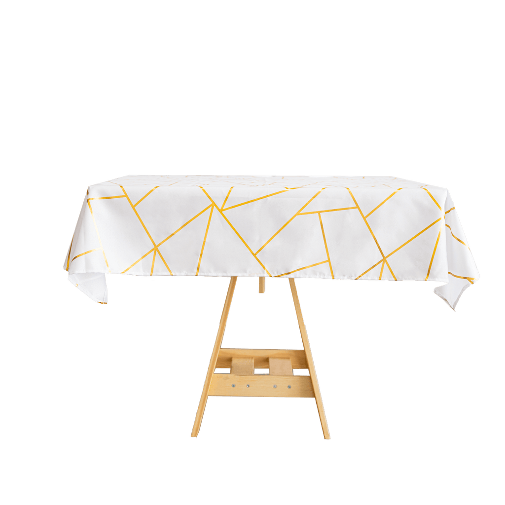 Polyester 54"x54" Table Overlay Square Tablecloth White with Gold Foil Geometric Pattern - Wrinkle-Resistant & Durable for Stylish Settings