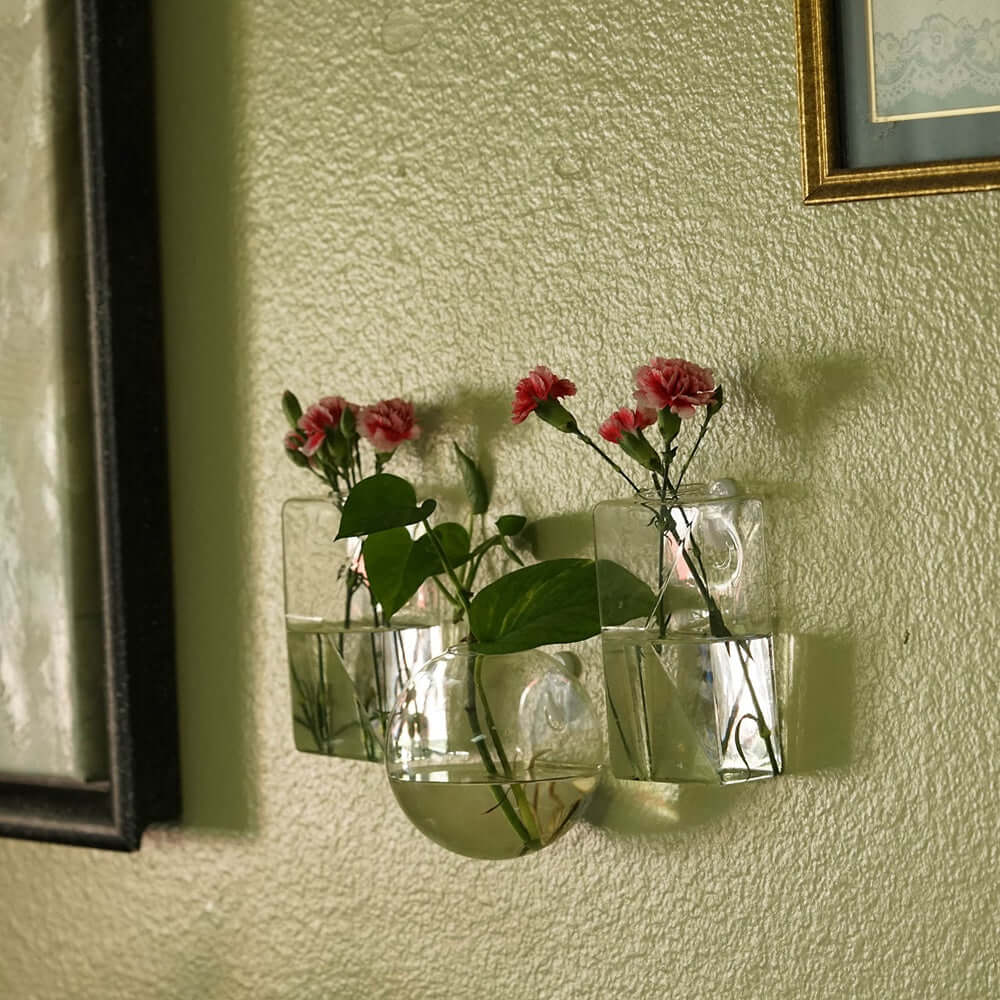 3-Pack Glass Wall Vase Hanging Trapezoid Design Indoor Planters - Modern Wall Mounted Terrariums for Living Spaces