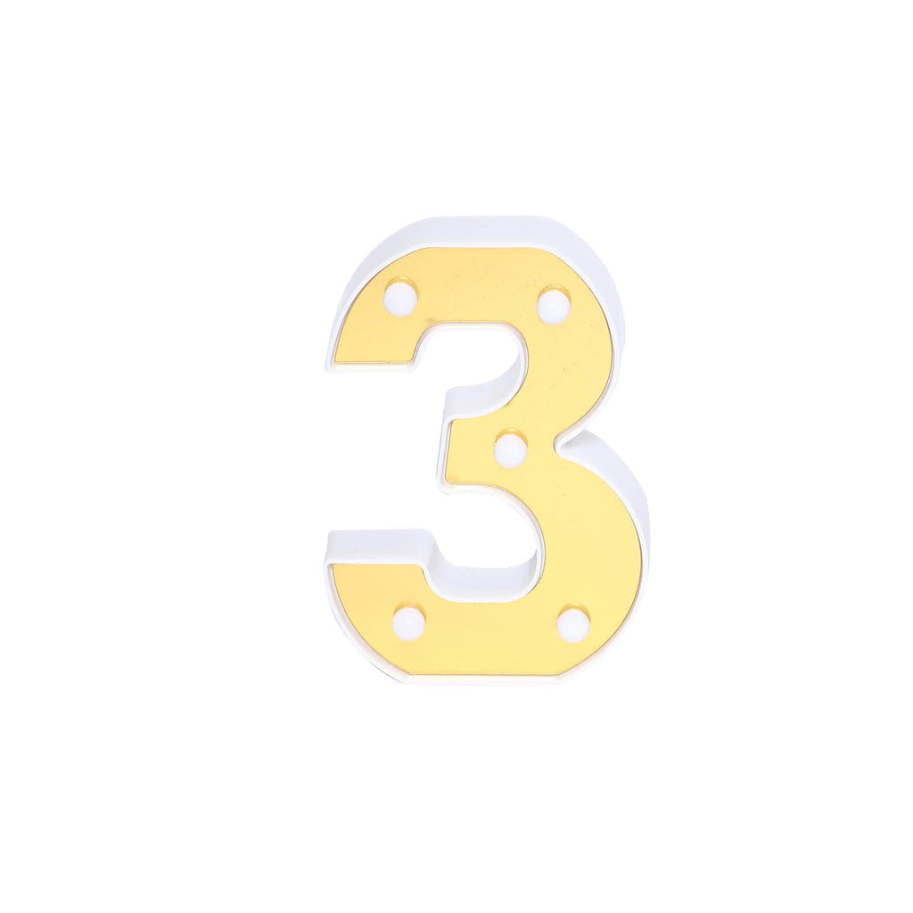 3D Marquee Number "3" Warm White 5 LED Lights Gold - Stylish Light-Up Accent for Events 6"