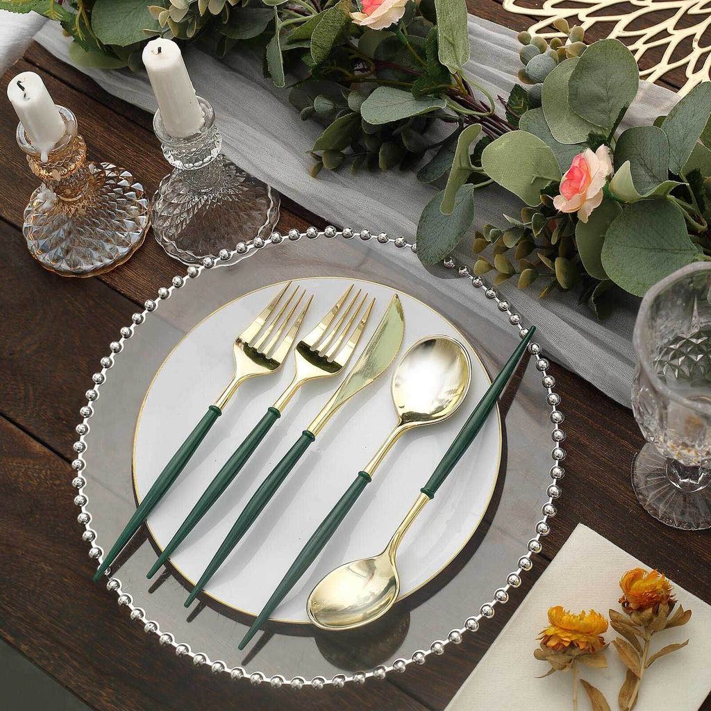 24-Pack Plastic Flatware Set in Metallic Gold with Hunter Emerald Green Handle - Heavy Duty Disposable Modern Silverware 8"